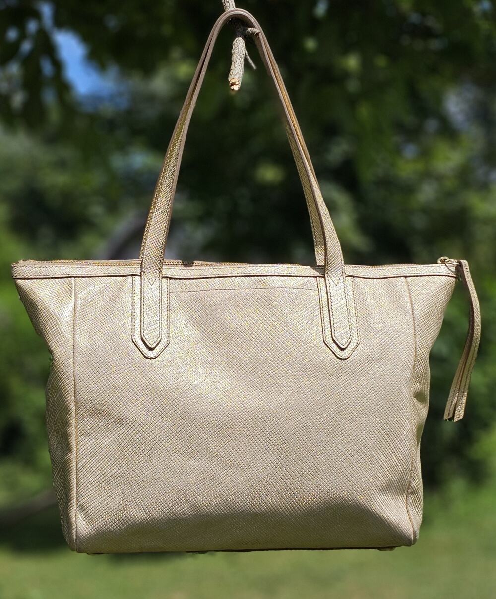 Fossil Women Sydney Shopper Shoulder Bag Gold Metallic Leather Tote Bag LG
